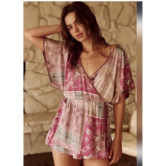 Free People Intimately FP Oasis Faux Wrap Romper in Dawn Pink NWT Large Satin